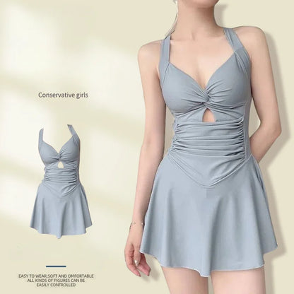 One piece swimsuit with attached skirt Waist Tightening for slimming