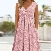 Sizes to 6 XL, Casual V-Neck, Empire Waist, Short Sleeve, Breathable, A-Line Dress with Pockets