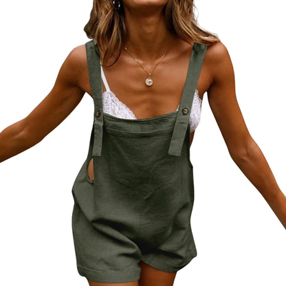 Women's New Sleeveless Square Collar Black White And Military Green Button Fashion Casual Suspender Shorts