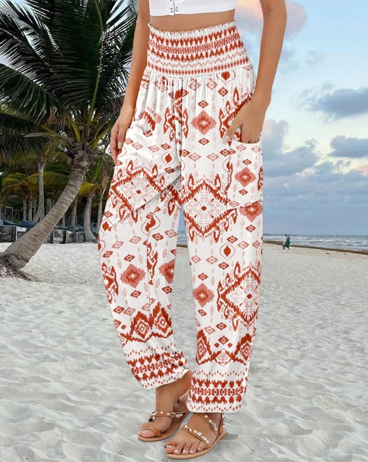 Boho High-Waisted Smocked Harem Pants With 6 Different Floral or Geometric Prints, Side Pockets, and Elastic Cuffs
