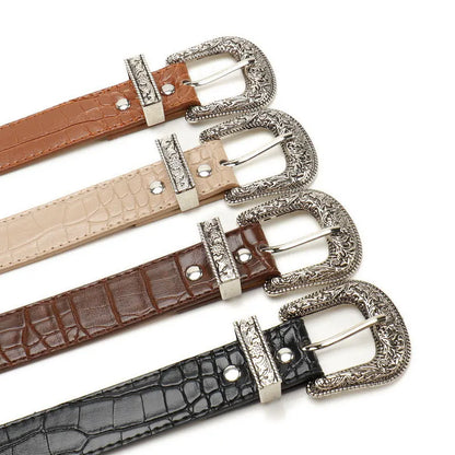 Gothic Retro Western Style Etched PU Leather with Metal Pin Buckle and End Caps
