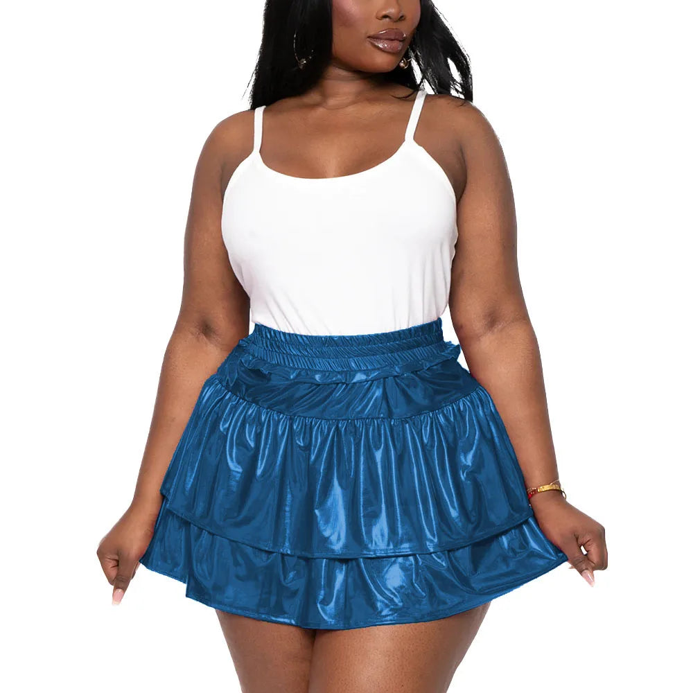Sizes to 8XL!! Hologram Laser Tiered Pleated Mini Skirts, High Elastic Waist, A-line