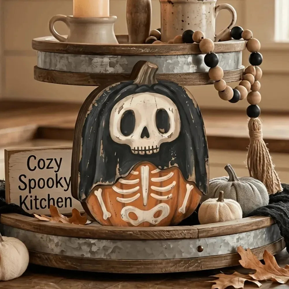 Halloween Interior Autumn Decorations, Retro Wooden Blocks, Shelf Decoration: Ghosts Black Cats, Pumpkins, Skeleton's Witch