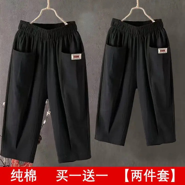 Cotton Linen Cropped 3/4 Length Pants, Loose, Linen with Elastic Waist and Pockets