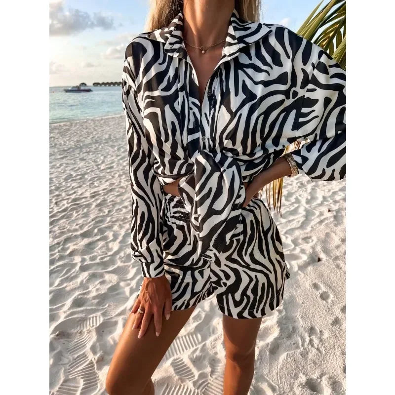Printed Shorts Set with Polo Collar, Long Sleeve Shorts and Top set