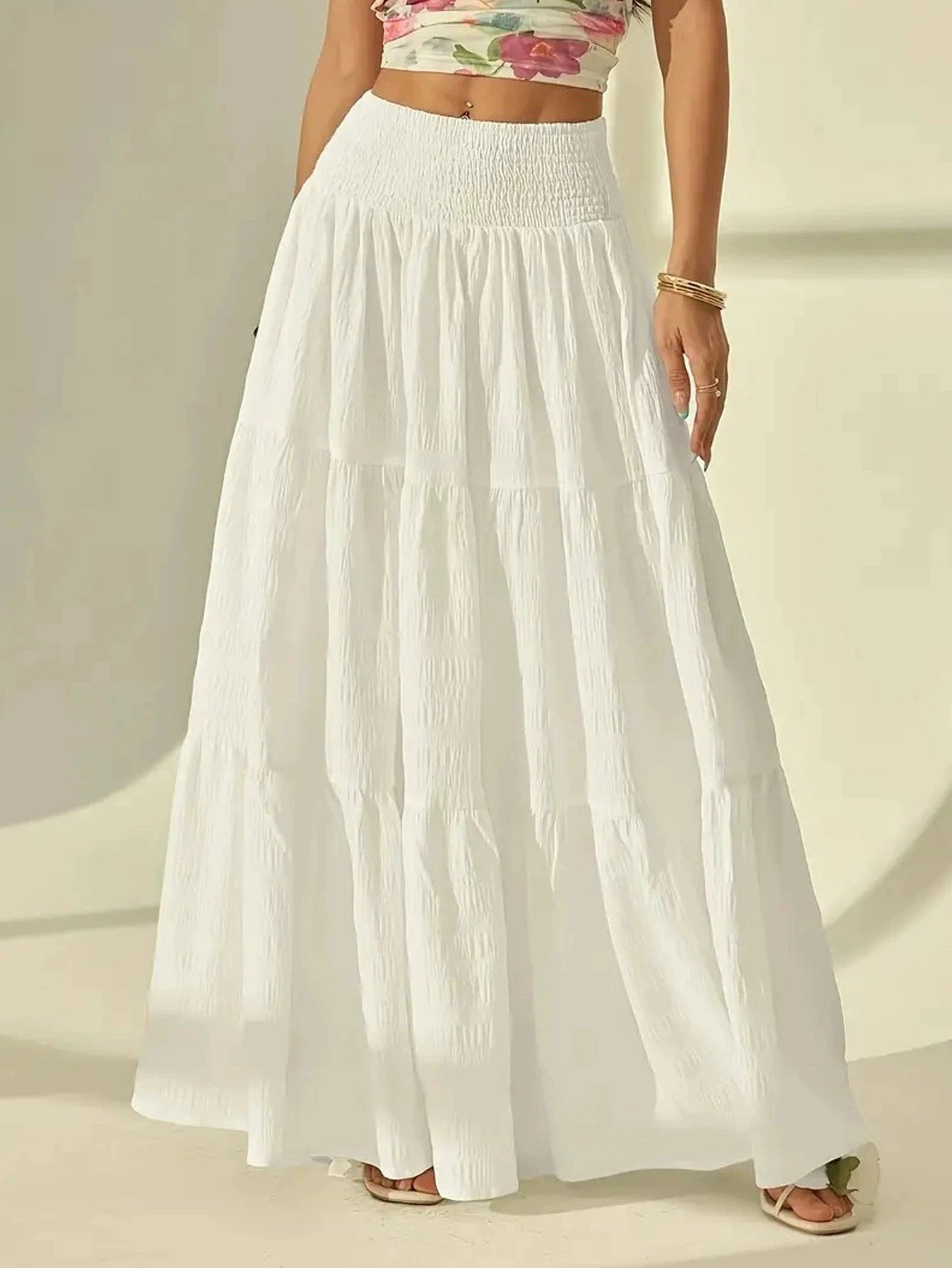 Sizes to 4XL   fashionable, layered long skirt ,solid-color, elastic waist , comes in Black and White