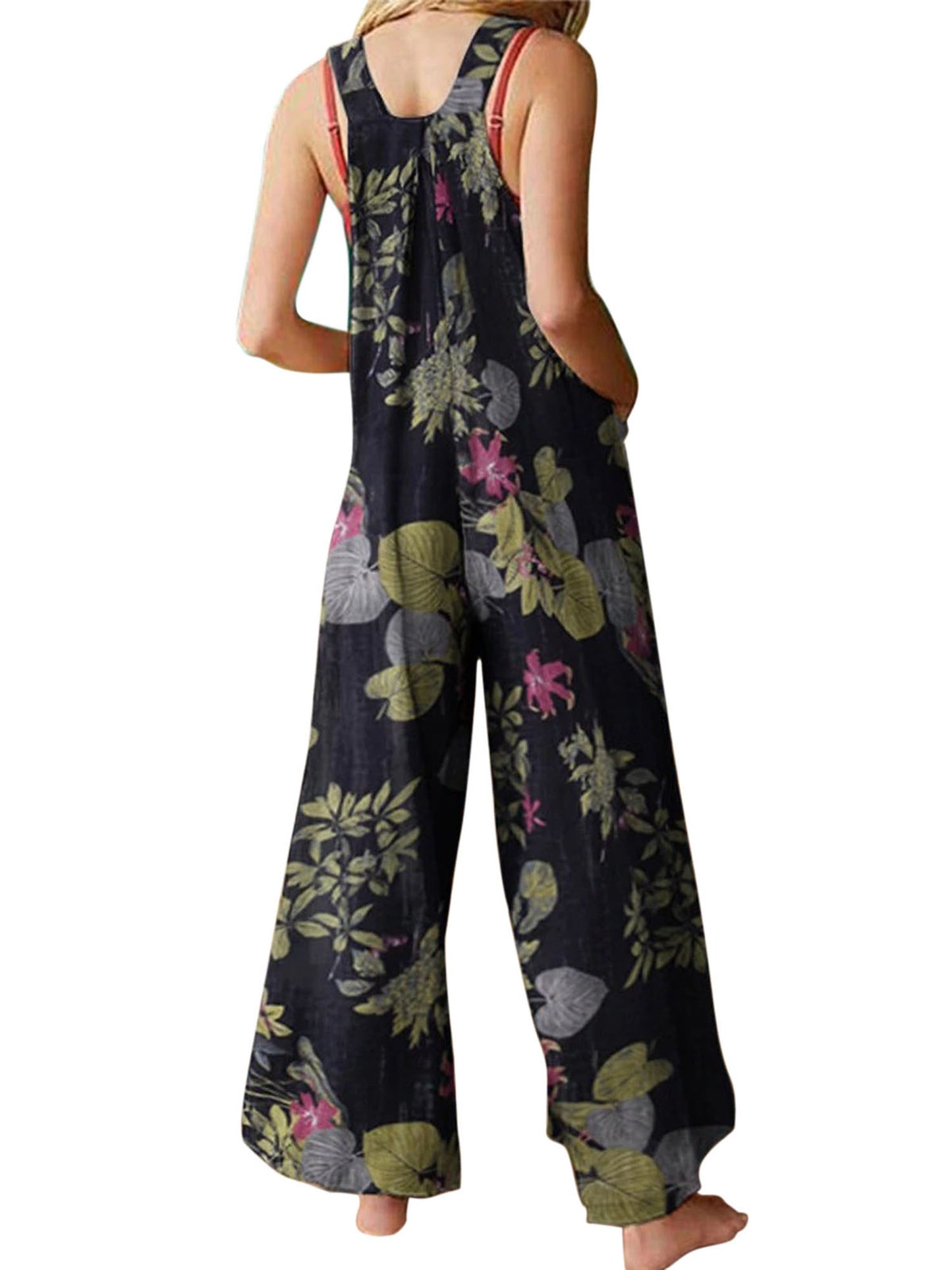 Floral Print, Square Neck, Sleeveless, Casual Overalls with Pockets