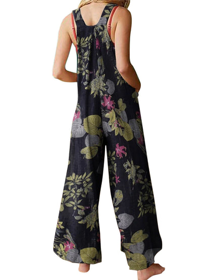 Floral Print, Square Neck, Sleeveless, Casual Overalls with Pockets