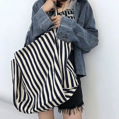 Large Capacity Canvas Shopper Tote Simple Striped Shoulder Bag Multifunctional