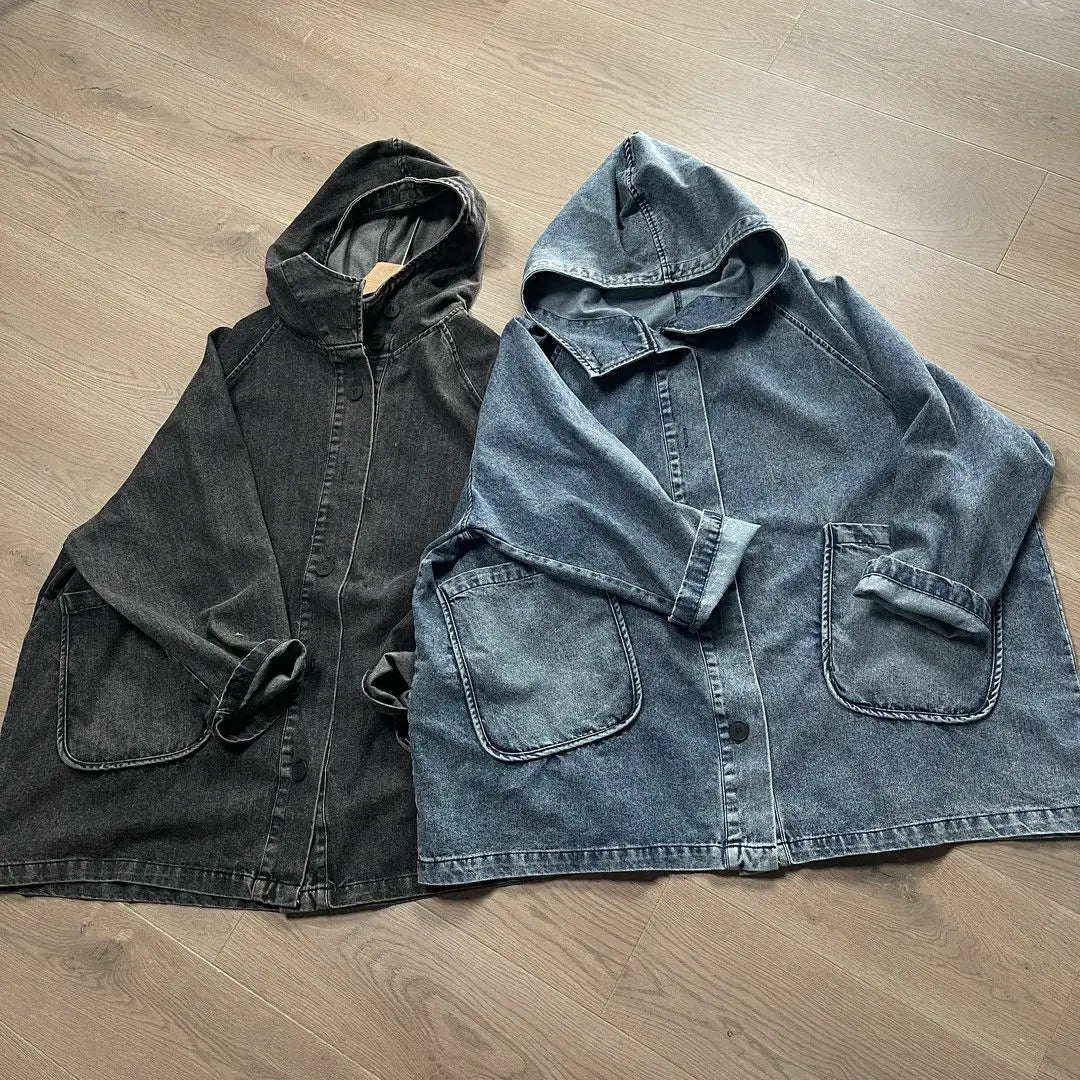 Long Oversized Loose Vintage Denim Jackets With Deep Pockets in Faded Washed Blue and Black