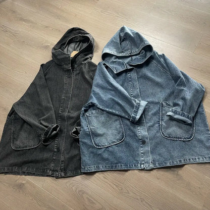 Long Oversized Loose Vintage Denim Jackets With Deep Pockets in Faded Washed Blue and Black