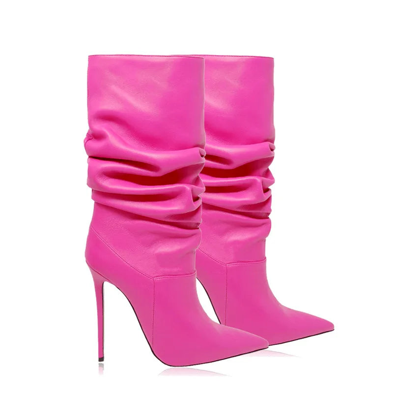 Women Beige Suede Slouch Pointed Toe Stiletto Ankle Boots in Multi-colors: Red, Hot Pink, Grey, Black, Green, Brown, and Purple
