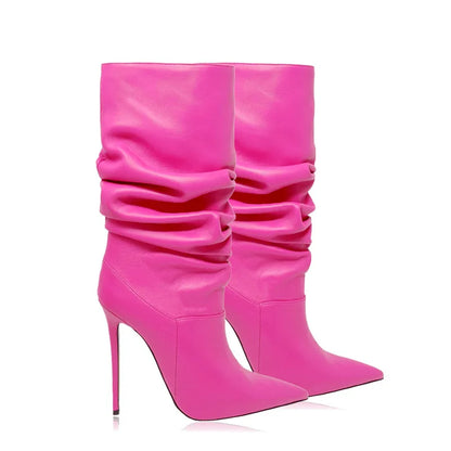 Women Beige Suede Slouch Pointed Toe Stiletto Ankle Boots in Multi-colors: Red, Hot Pink, Grey, Black, Green, Brown, and Purple