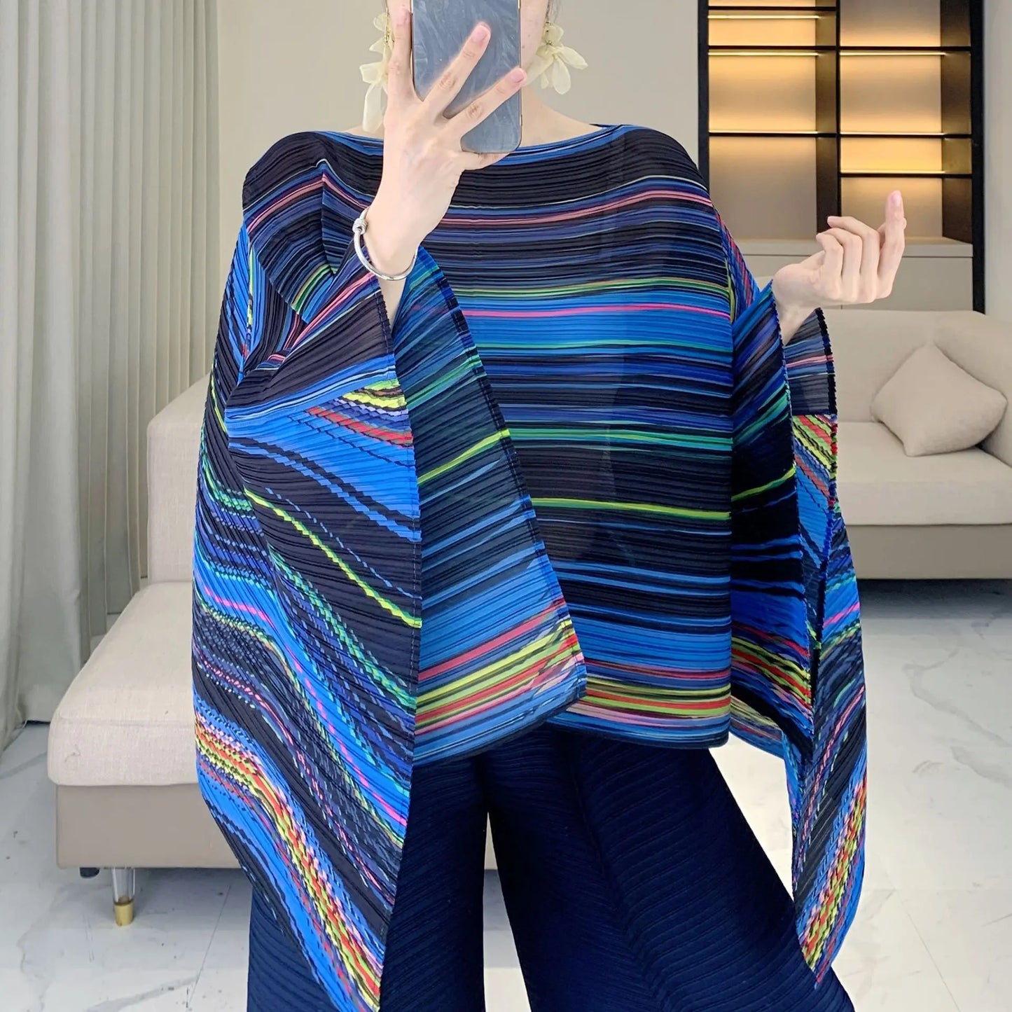 Pleated Striped Shawl, Fashionable Striped, Casual Outerwear, Versatile, Bat Sleeve Cape