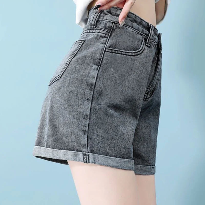 Rolled Edge Denim Shorts Blue Black Gray A-Line Short Jeans