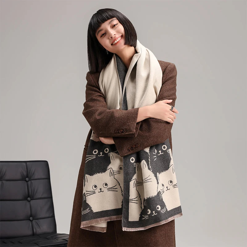 Cute Cat Ladies' Jacquard Pashmina Cashmere Scarf Thick Warm