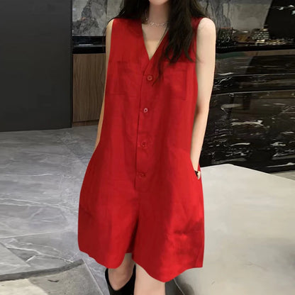 Sizes to 5XL Short Jumpsuits,  Sleeveless, Casual, Loose Fit, V Neck, Pockets, Comes in Khaki, Red, and Black
