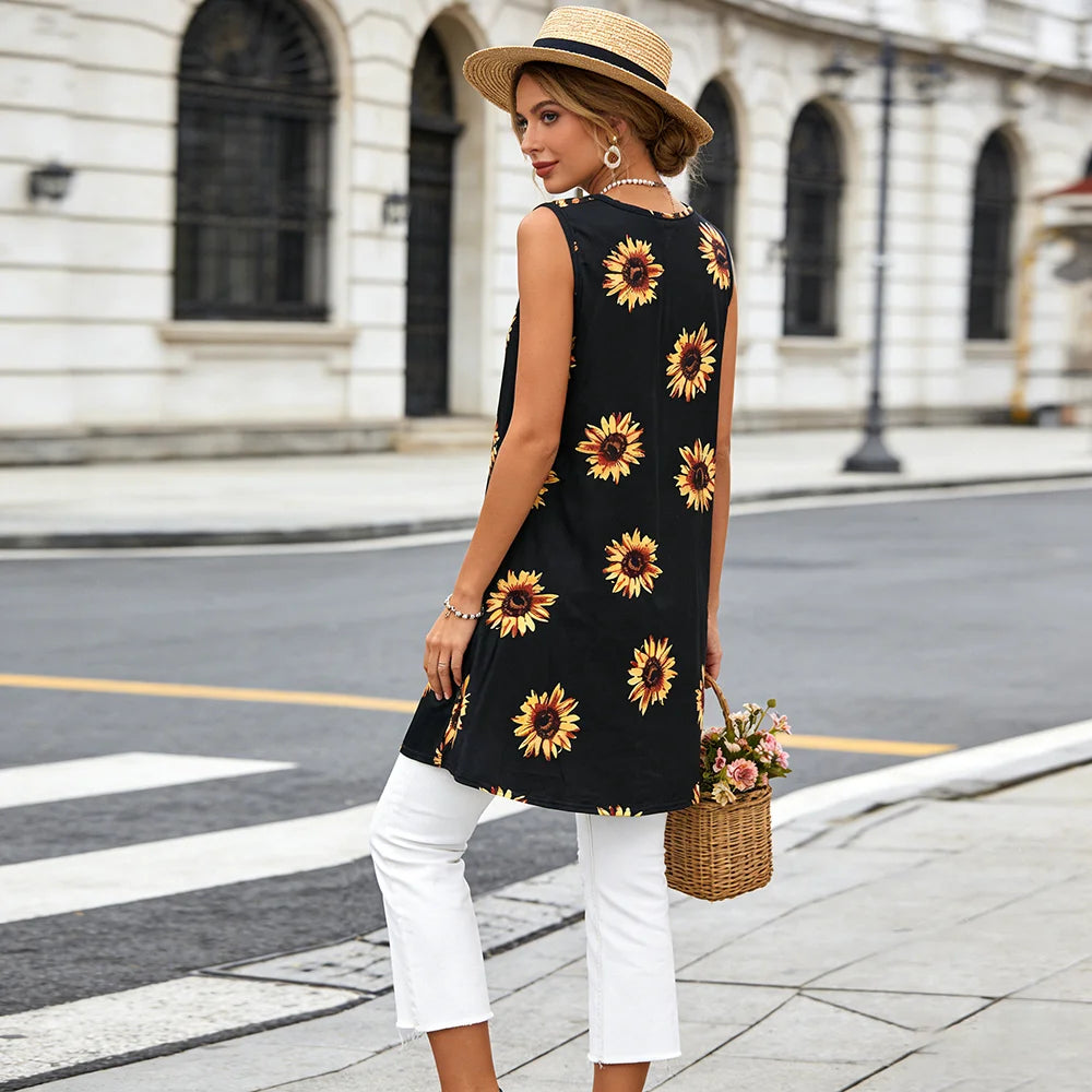 Boho Sunflower Print Loose Dress Fashion Casual Sleeveless Midi Dress