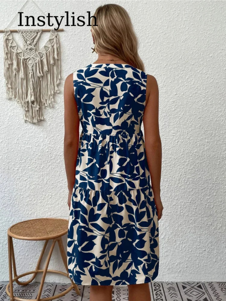 Sizes to 2XL, Boho Print Mini Dress, Sleeveless V Neck, A Line Tank Dress Casual Loose Oversize