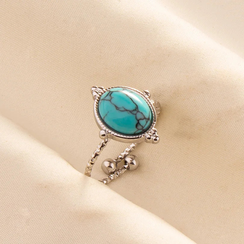 1pc Boho Turquoise Ring Stainless Steel Light Blue Gemstone Silver Adjustable Ring