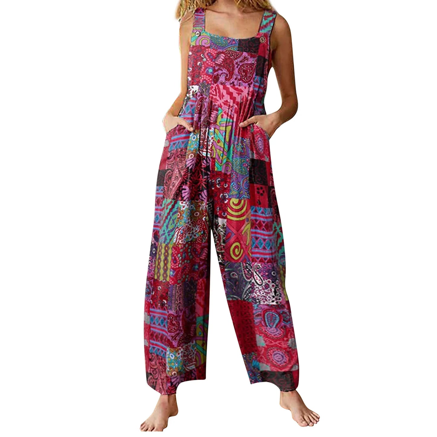 Sizes to 5XL!!!  Captivating Boho Overalls, Multicolor, Square Neck, Sleeveless Casual Jumpsuit with Pockets