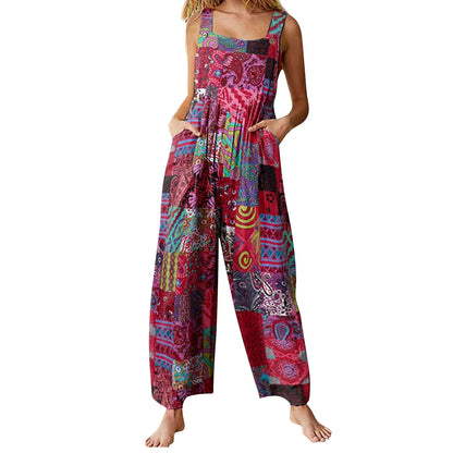Sizes to 5XL!!!  Captivating Boho Overalls, Multicolor, Square Neck, Sleeveless Casual Jumpsuit with Pockets