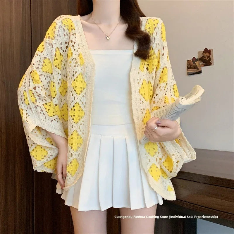 Bohemian Style Hollowed-out Long Sleeve Light Weight Sweater with V Neck and Batwing Sleeves