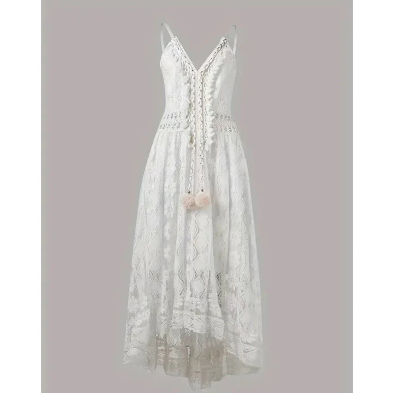 Bohemian Summer Casual V Neck Lace Spaghetti Strap Sundress with High/Low Hem