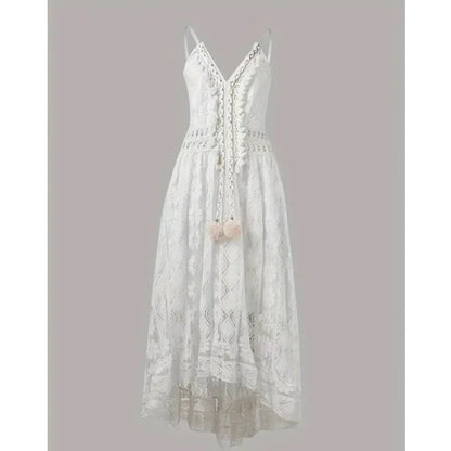 Bohemian Summer Casual V Neck Lace Spaghetti Strap Sundress with High/Low Hem