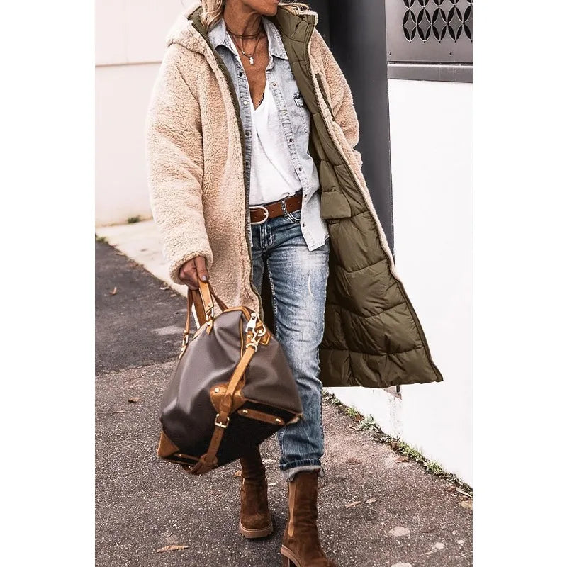 Reversible Sherpa Fleece, Long, Hooded Puffer Coats. Check colors: Brown, Green, Black, Burgundy, Light Gray