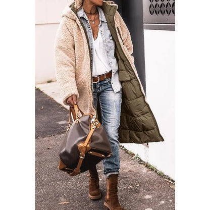 Reversible Sherpa Fleece, Long, Hooded Puffer Coats. Check colors: Brown, Green, Black, Burgundy, Light Gray
