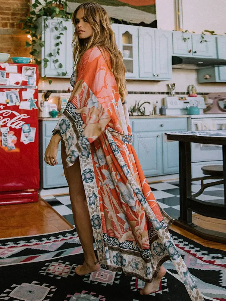 Bohemian Printed Cover-ups Elegant Belted Kimono Plus Size