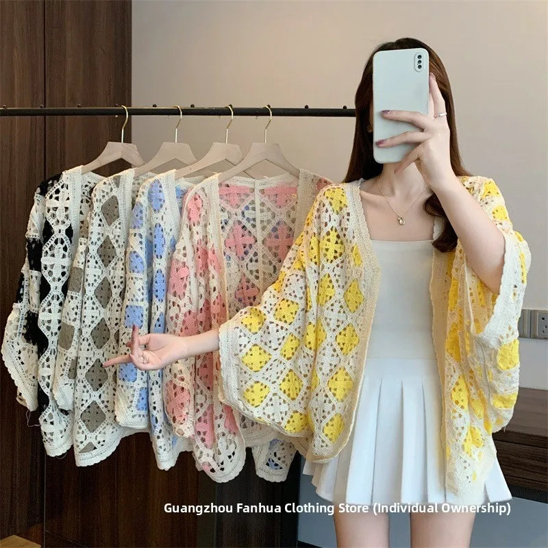 Bohemian Style Hollowed-out Long Sleeve Light Weight Sweater with V Neck and Batwing Sleeves