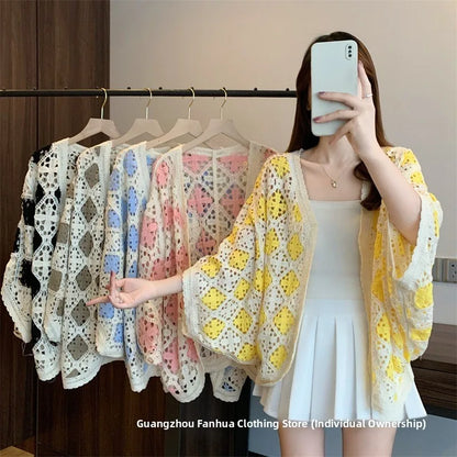 Bohemian Style Hollowed-out Long Sleeve Light Weight Sweater with V Neck and Batwing Sleeves