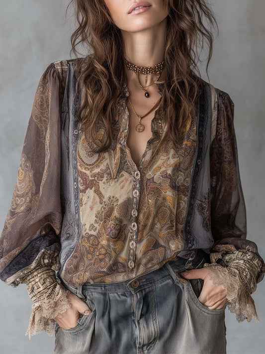 Boho Women's Vintage Paisley Chiffon Blouse, Long Sleeve Lace Trim V Neck Ruffle Hem Shirt, Casual Top