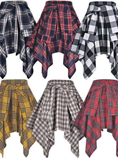 Sporty Street Style with Ruffle and Bow Tie Asymmetrical Hankie Hemline Elastic Waist, Plaid Patterned Skirt--Sizes 58 Centimeter Waist