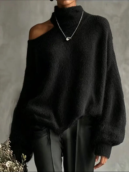 Off-Shoulder High-Collar Loose Knit Pullover, Long Sleeve, 10 Colors in sizes to 2XL