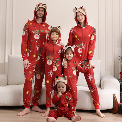 Family Rompers pajamas, hooded, zipper front, long sleeves and long pant legs, Comes in Red and Green