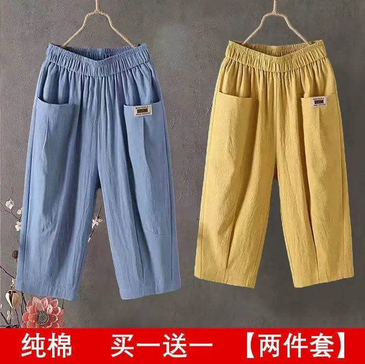 Cotton Linen Cropped 3/4 Length Pants, Loose, Linen with Elastic Waist and Pockets