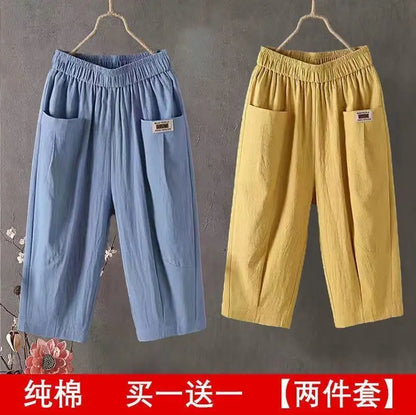 Cotton Linen Cropped 3/4 Length Pants, Loose, Linen with Elastic Waist and Pockets