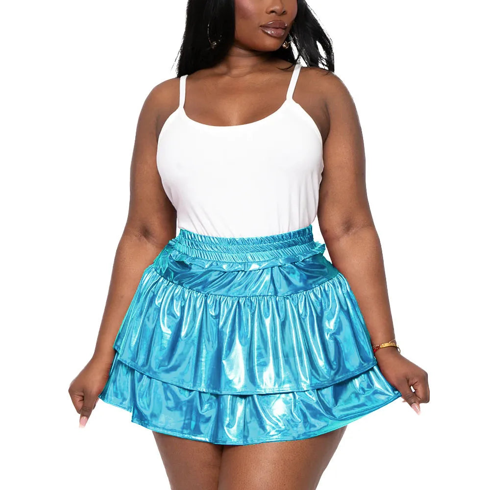 Sizes to 8XL!! Hologram Laser Tiered Pleated Mini Skirts, High Elastic Waist, A-line