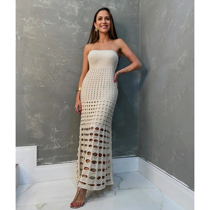 Knitted Hollowed-Out Bandeau Dress Cover-Up. Various Colors