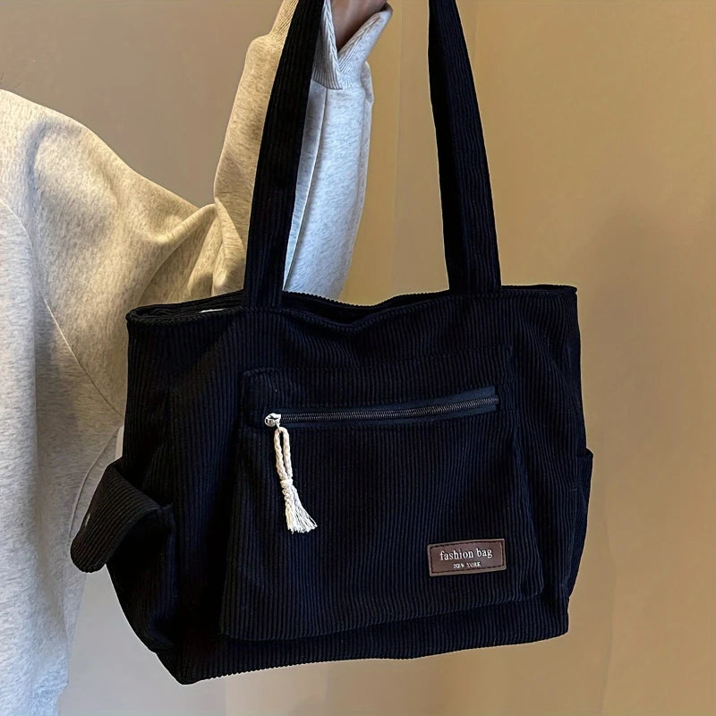 Simple Corduroy Tote Bag, Solid Color Shoulder Bag, Retro Multi Pockets