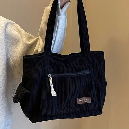 Simple Corduroy Tote Bag, Solid Color Shoulder Bag, Retro Multi Pockets