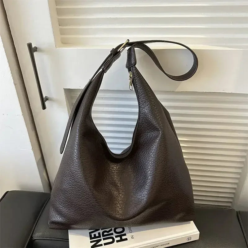 Leather Tote Bag Large High Capacity Shoulder Bag, White, Dark Brown, Reddish Tan, and Black