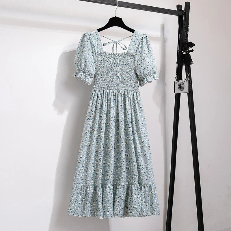 14 Patterns Elastic Waist Chiffon Dress  Short Sleeve Pleated A-line Dresses