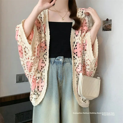 Bohemian Style Hollowed-out Long Sleeve Light Weight Sweater with V Neck and Batwing Sleeves