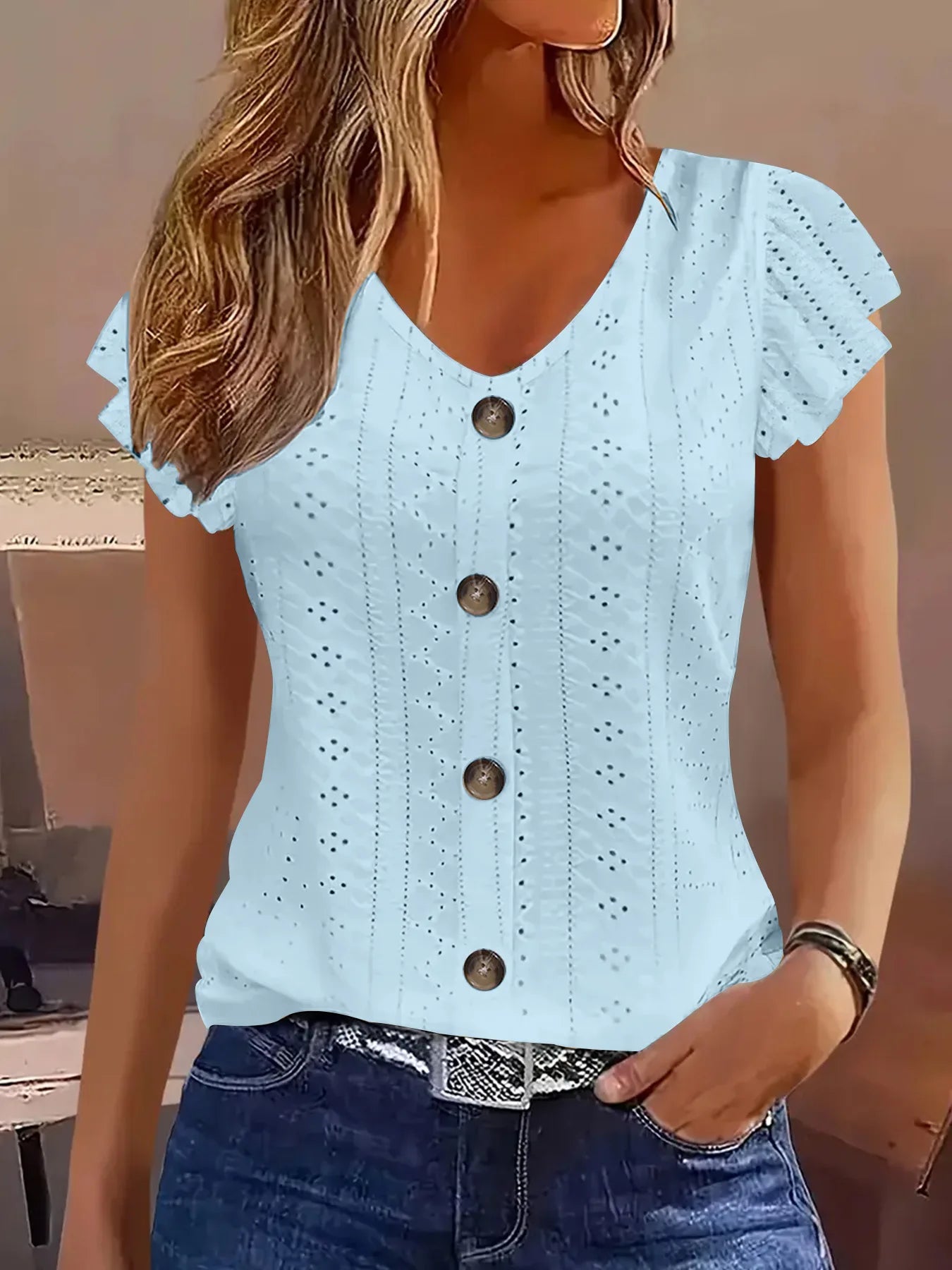 Various Colors Available ruffle sleeve V-neck T-shirt