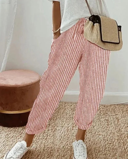!0 colors, Casual Loose, Striped, Drawstring Elastic Waist Pants With Cuffs and Pockets