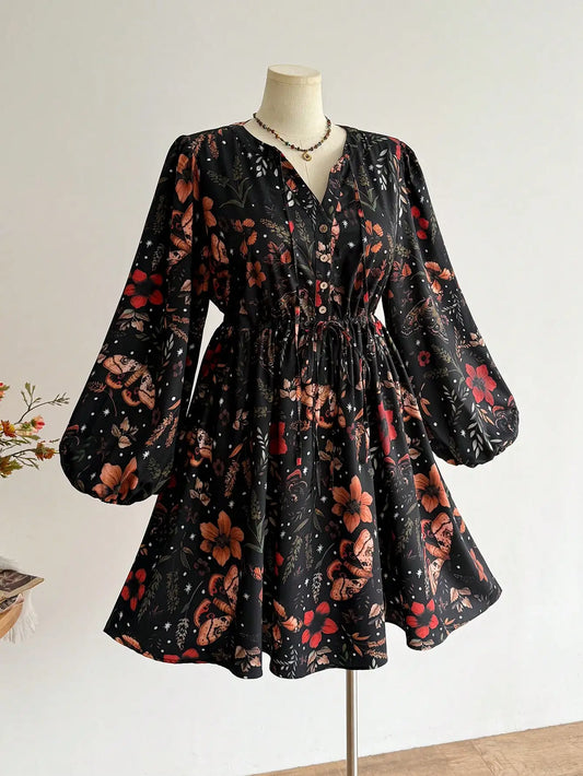 Sizes to 4XL Boho Floral & Moth Print V-Neck Tie-Waist Dress with Puff Sleeves